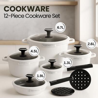 Conjunto de panelas domésticas de 12 peças com tampas de vidro, incluindo panela multifuncional e leiteira, revestimento cerâmico imitando mármore, fácil de limpar, resistente a riscos e ao desgaste, adequado para fogões de indução e a gás, um item indispensável em qualquer cozinha familiar.