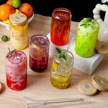 8 件套 500 毫升玻璃杯，16 盎司/500 毫升带盖玻璃杯配吸管，梅森罐造型饮用杯，冰咖啡杯，竹盖玻璃杯，可爱杯子，啤酒杯，可重复使用吸管和吸管清洁刷，适用于餐厅/酒店/商业场所 - 透明色 - 查看 2