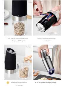 重力式电动研磨器，自动重力式电动盐和胡椒研磨器套装，电池供电，带LED灯，单手操作 - 研磨粗细可调，带调料罐，黑色，厨房小工具礼品 - 彩色 - 查看 6