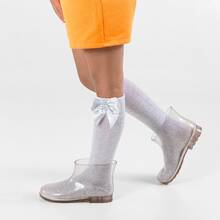 Children's 3/4 Party Socks Sizes 16-33 Satin Bow Long Socks For Girls, Christenings, Weddings, Flower Girls, Social Events, Dances, Elegant, High Quality, Soft Touch, Coquettish, Korean Style, School Drama - 灰色 - 查看 3