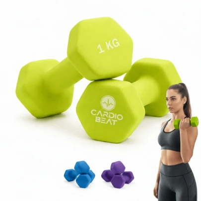 CARDIO BEAT Par de Mancuernas de 1kg con Recubrimiento Antideslizante | Pesas Ligeras para Tonificación, Yoga y Rehabilitación