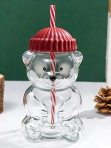 1pc Transparent Lid Glass Tumbler With Bear Pattern, Home/Office Use, Graduation/Father's Day Practical Gift - Multicolor - View 15
