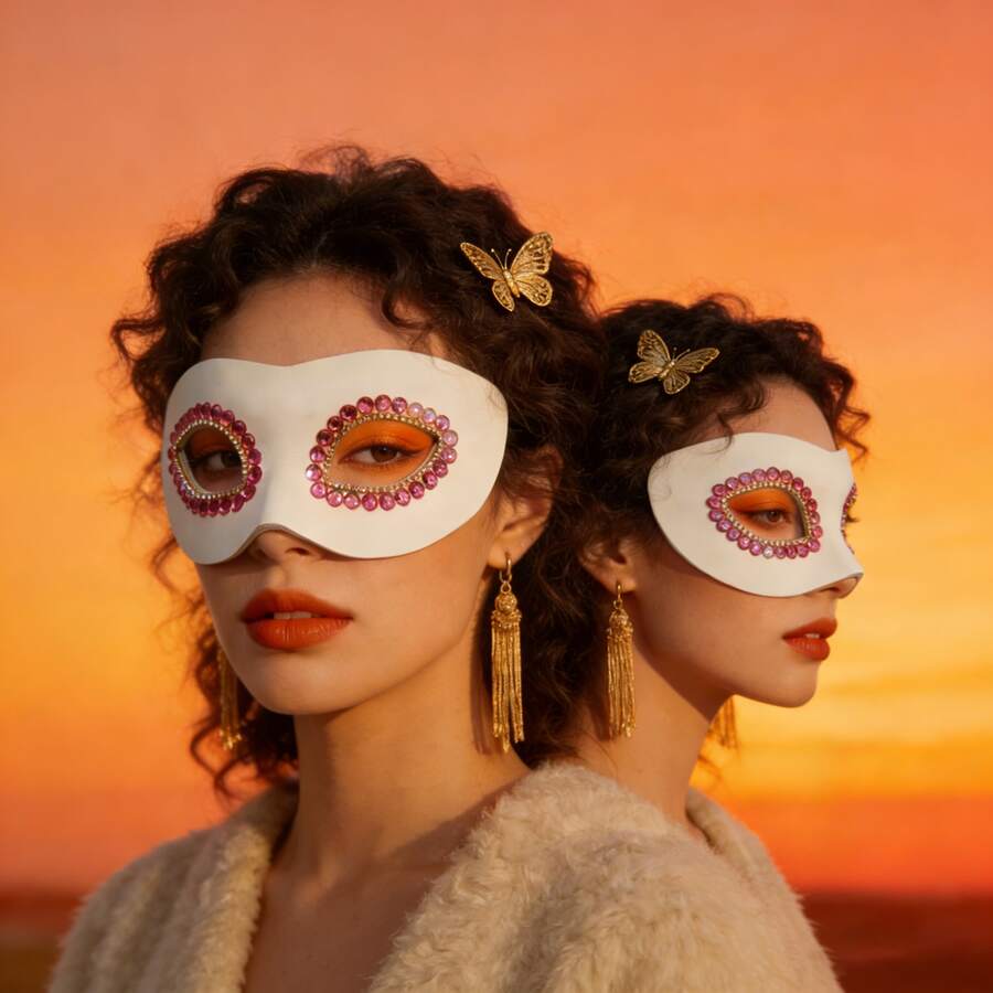 1pc Women's Halloween Carnival Music Festival Wedding Party Rhinestone Leather Mask - White - View 1