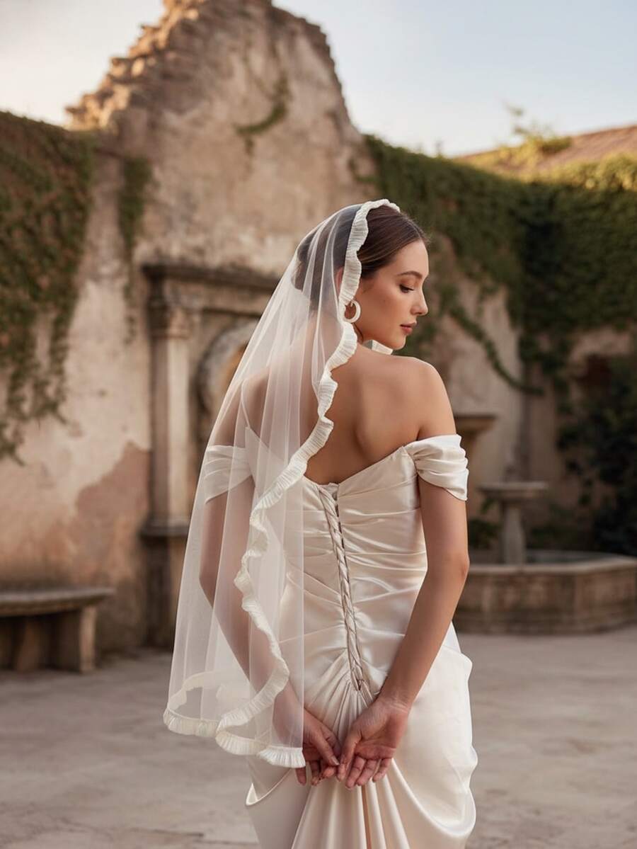 1pc 2026 Original Design New Bridal Veil, Wedding Veil, Photo Prop, Elegant Ruffle Edge Veil, Versatile Wedding Fashion Accessory - Beige With Champagne Trim - View 1