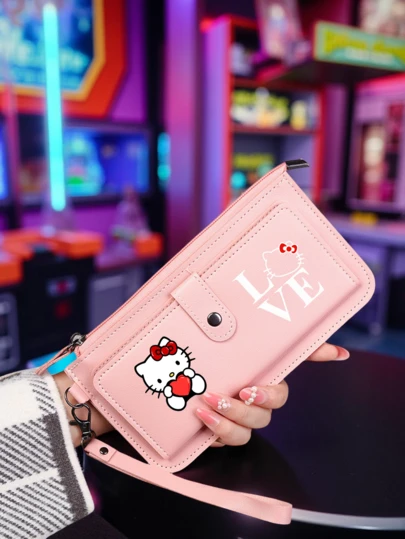 Sanrio 1 pezzo Portafoglio lungo Hello Kitty con cinturino da polso, slot per carte, chiusura con cerniera, tasca portamonete, design con stampa alla moda, regalo ideale per uso quotidiano, accessorio da viaggio, shopping all'aperto