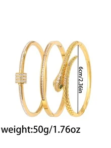 3/1pc - Three Pieces Bracelet Set With A Valentine's Day Theme, Featuring A Combination Of Stainless Steel And Copper, A Snake Design That Echoes The Chinese Zodiac, And Luxurious Details With Zirconia Settings. - Gold - View 3