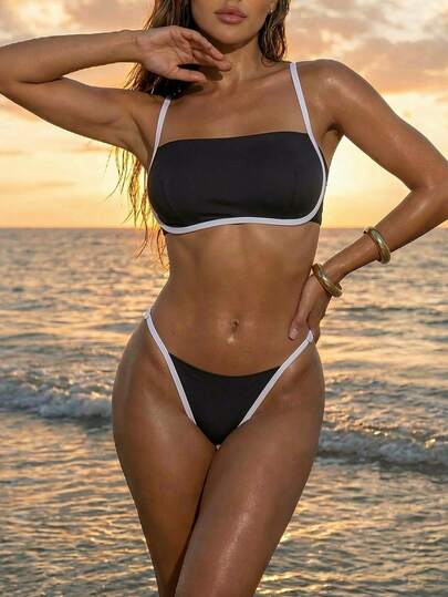 Women's Swimwear Set, Colorblock Patchwork Casual Elegant Backless Tie-Knot Contrast Trim Women's Swimwear Set, Beach Holiday Vacation Black