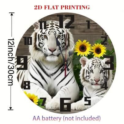 Reloj de pared silencioso de 12 pulgadas con diseño de tigre blanco - Reloj analógico redondo de madera con números y manecillas negras, adecuado para decoración de dormitorio, sala de estar o cocina (pilas no incluidas), diseño de arte de decoración de pared estilo natural, decoración de tigre