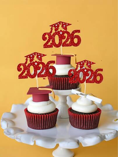 24pcs 2026 Graduation Cupcake Toppers | Red Glitter 2026 Graduation Cupcake Decorations, Diploma Certificate Graduation Cap Cake Decorations For 2026 Graduation Party
