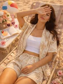 Women's Two-Piece Boho-Style Set, Consisting Of A Short-Sleeved Top And Regular-Length Shorts With A Knot Detail. - màu nâu - Xem 1