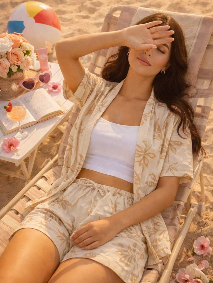 Women's Two-Piece Boho-Style Set, Consisting Of A Short-Sleeved Top And Regular-Length Shorts With A Knot Detail. - màu nâu - Xem 1