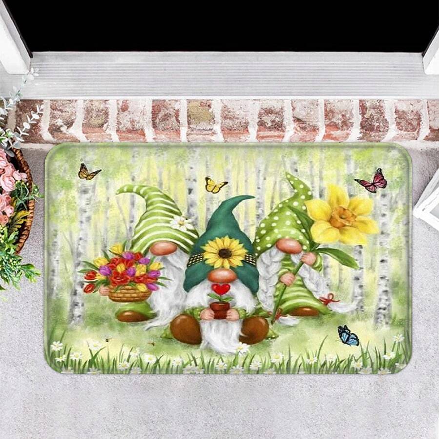 1PC Whimsical Garden Gnomes With Flowers And Butterflies Artistic Door Mat For Entryway, Living Room, Bedroom, Or Kitchen Decor Vibrant Spring Theme Indoor Floor Rug - 彩色 - 查看 1
