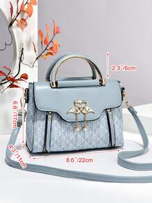 1 buah Tas Tangan Mini Persegi Warna Polos Wanita, Tas Selempang Modis dengan Pegangan Atas, Dompet Bahu Mini dengan Dekorasi Gesper - Dusty Blue - View 2