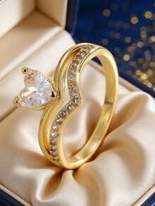 Women's Gold-Plated Cubic Zirconia Ring, Minimalist Heart-Shaped Main Stone, V-Shaped Band Design, Versatile & Elegant, Suitable For Daily Commute/Work, Great Birthday Gift For Fashionista - Gold - View 1