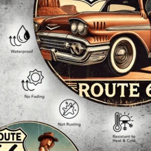 1pc 66 Route Vintage Metal Sign, 8x8 Inch Round Iron Wall Art, Retro Car & Cowgirl Design, Easy To Hang, Durable, Waterproof, Heat & Cold Resistant, Suitable For Home, Office Or Gift, Pre-Drilled Holes, As Shown In Size Image - Multicolor - View 3