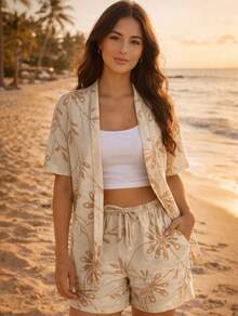 Women's Two-Piece Boho-Style Set, Consisting Of A Short-Sleeved Top And Regular-Length Shorts With A Knot Detail. - màu nâu - Xem 2