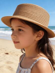 简约草帽，跨境草编遮阳帽，时尚防紫外线平顶小礼帽，男女童皆宜，沙滩帽 - 1PC - 查看 3
