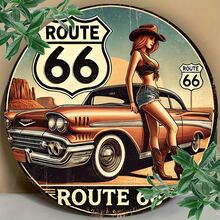 1pc 66 Route Vintage Metal Sign, 8x8 Inch Round Iron Wall Art, Retro Car & Cowgirl Design, Easy To Hang, Durable, Waterproof, Heat & Cold Resistant, Suitable For Home, Office Or Gift, Pre-Drilled Holes, As Shown In Size Image - Multicolor - View 5
