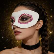 1pc Women's Halloween Carnival Music Festival Wedding Party Rhinestone Leather Mask - White - View 7