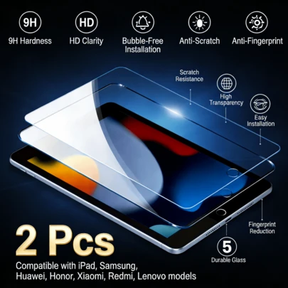 2片装：平板电脑屏幕保护膜，适用于三星、华为、荣耀、小米等平板电脑。光滑，全覆盖。游戏平板保护膜。钢化玻璃膜。透明高清。防指纹。屏幕保护必备品，适用于日常、办公、家用平板电脑。防水防震防摔防刮。