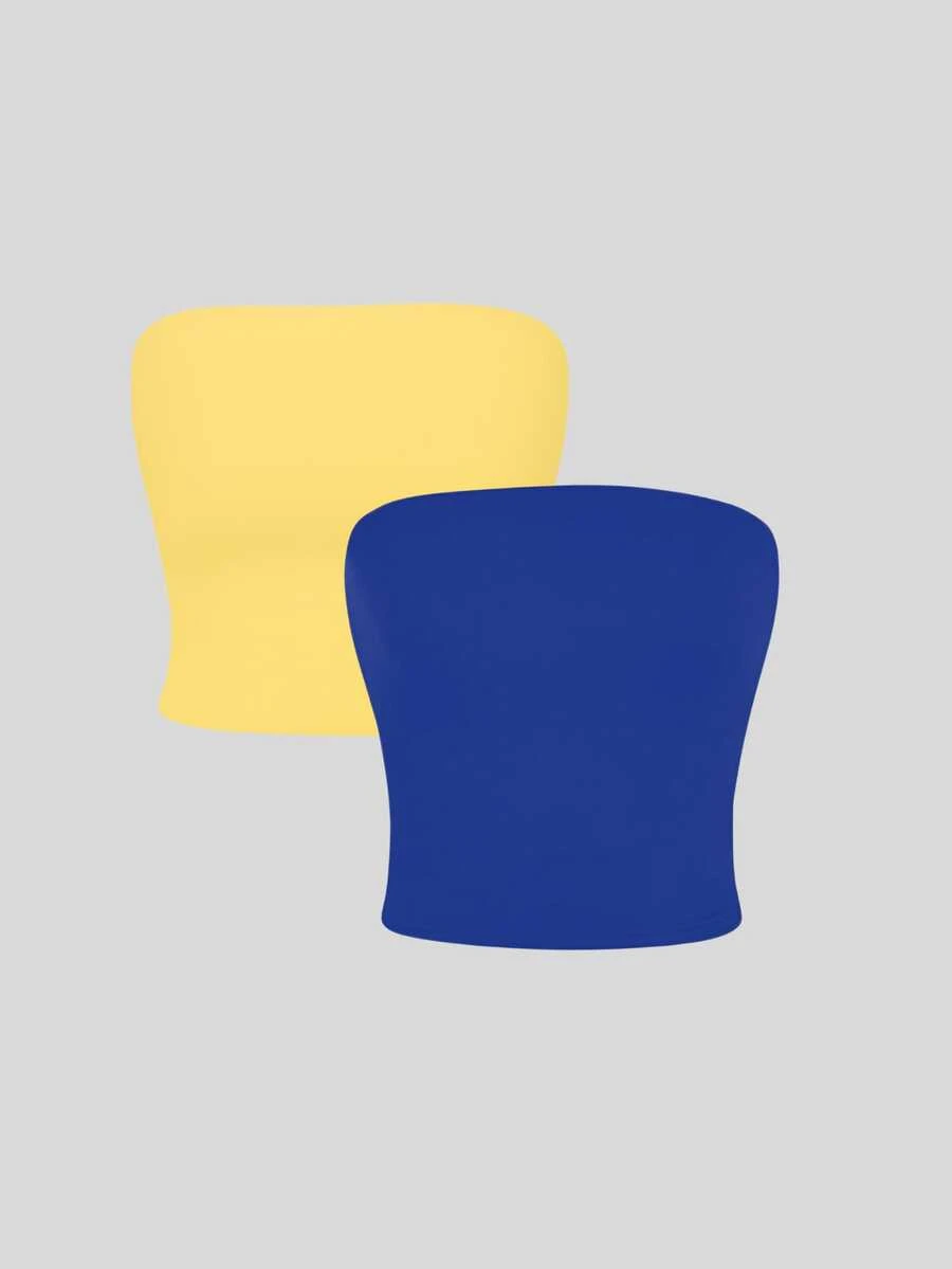 2 Cropped Tube Top For Women, Strapless And Without Padding, Basic, Double Layer Of Spandex, Slim Fit Shaping Top, Strapless - 黃/藍 - 查看 1