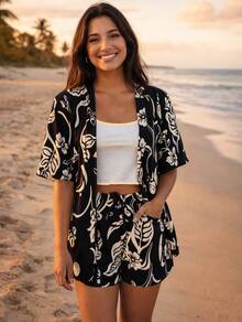 Duna Floral Kimono Set - Lightness, Style And Pockets That We Love! - Black and White - View 3