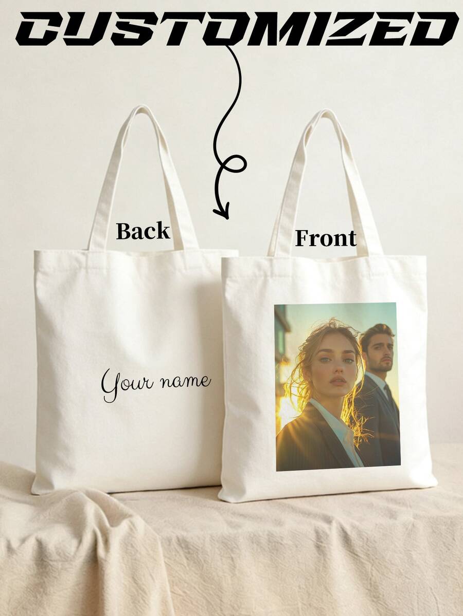 One-Piece Custom Canvas Bag, Foldable, Lightweight And Casual Shopping Bag, Perfect For Customized Souvenirs, Party Decorations, Unique, Simple And Stylish Foldable Shopping Tote Bag, Ideal For Valentine's Day, Halloween, Christmas, Birthday Gifts, And New Year's Gifts. Full Of Charm! - Beige - View 1