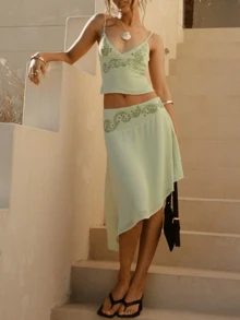 Women Boho 2 Piece Outfits Midi Skirts Set Spaghetti Strap V Neck Camisole Tank Top Sleeveless Backless Slim Fit Cami Crop Tops And Asymmetrical Long Skirt Sets Summer Casual Beach Vacation 2 Piece Outfits - 綠色 - 查看 2