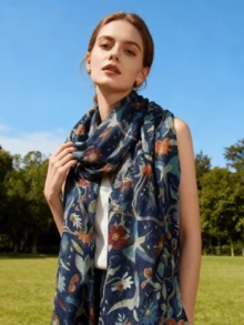 1pc Women's Tree Branch & Bird Print Scarf, Floral Print Rectangular Scarf, Floral Print Headscarf, Navy Scarf,Beach,Holiday - Navy Blue - View 2