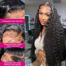 30 Inch Jerry Curly Lace Front Wigs Human Hair 250 Density 13x4 HD Transparent Water Wave Lace Front Wigs Human Hair Pre Plucked Deep Wave Wig Curly Wig For Women - Natural Black - 查看 6
