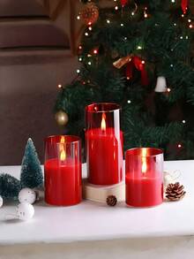 This 3-Piece Acrylic Flameless Candle Set Features Upgraded Realistic Flickering Flames, A Remote Control, And A Timer. It's A Battery-Powered LED Columnar Candle Set Suitable For Weddings, Birthdays, Valentine's Day, Restaurants, Parties, And Home Décor. - Red - View 5