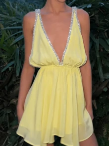 Women's Y2K Rhinestone Trim Mini Dress Deep V Neck Backless Sleeveless Going Out Party Date Night Out Cocktail Dress - Yellow - View 5