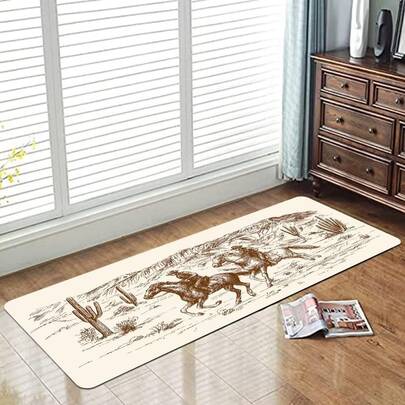 1pc American Western Sketch Motif Runner Rug, Vintage Corridor/Entryway Carpet, Beige Base With Brown Sketch Lines Depicting Desert, Cacti And Galloping Horses, Conveying A Rustic American Vibe, Multiple Sizes Available, Runner Rug, Carpet, Area Rug, Mat, Home Decor, Living Room Area Rug, Living Room Home Decor, Room Decor, Washable Rug