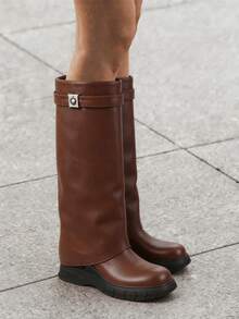 Women's Fold Over Shark Boots Pointy Pull-On Wide Calf Boots Shark Padlock Nightclub Elegant Luxury Fashion WInter Fall Shoes - 棕色 - 查看 4