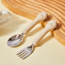 1 Set Of 2 Cat Paw Shaped Silicone & Stainless Steel Fork & Spoon Set, Baby Self-Feeding Training Cutlery, Children Tableware Spoon - Multicolor - View 12