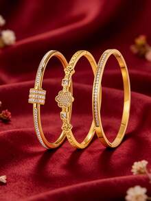 3/1pc - Luxurious And Stylish Combination Of A Stainless Steel Gold-Plated Bracelet And A Copper Wristband. It Is Not Easy To Fade And Comes In A Simple Combination Of Zirconia-Set, Floral, And Geometric Patterns. It Is A Sophisticated And Elegant Choice To Add A Finishing Touch To Your Outfit. - Gold - View 7