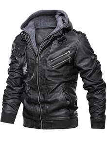 Retro Men's Hooded PU Leather Jacket, Double Zipper Motorcycle Style Coat With Ribbed Cuffs, Water-Resistant Windbreaker With Functional Pockets For Daily & Outdoor - màu đen - Xem 3