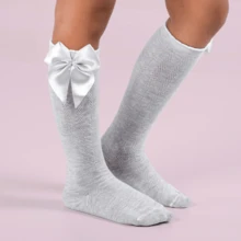 Children's 3/4 Party Socks Sizes 16-33 Satin Bow Long Socks For Girls, Christenings, Weddings, Flower Girls, Social Events, Dances, Elegant, High Quality, Soft Touch, Coquettish, Korean Style, School Drama - 灰色 - 查看 9