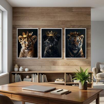 3Pcs Abstract Animal Canvas Wall Art Set, Lion, Tiger & Leopard With Crown Prints, Modern Decor For Living Room & Bedroom, Optional Frame