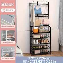 Black Metal Storage Rack, 23-Inch Freestanding Entryway Organizer, Multi-Functional 3-In-1 Shoe Rack And Coat Rack, 4-Tier Shelves With 8 Hooks For Hats Bags Umbrellas, Easy Assembly - 白色 - 5 層 - 查看 8