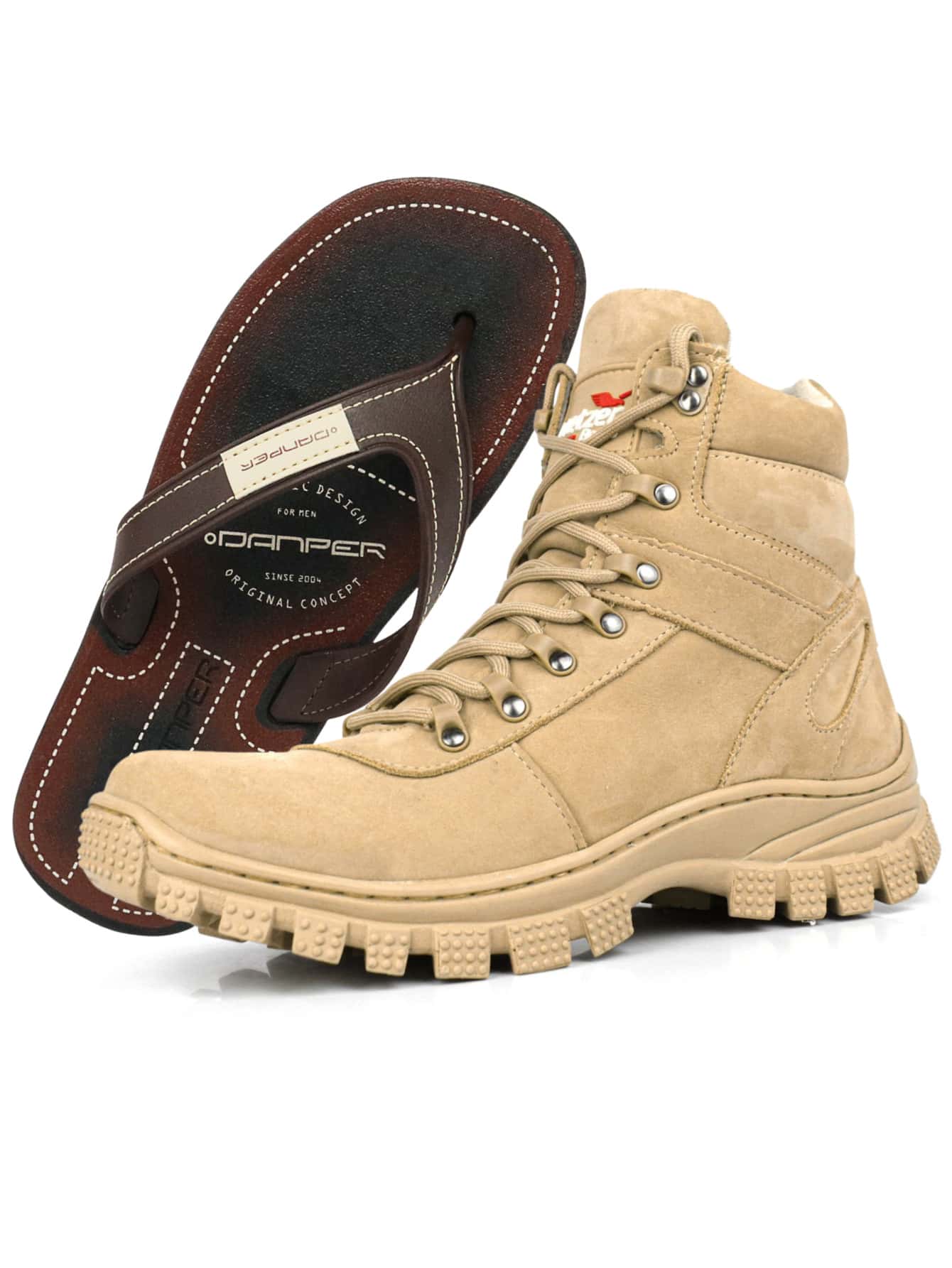 FRT Men's Short Boot, Military Style, Work Boot, Black And Beige Leather - 米色 - 查看 1