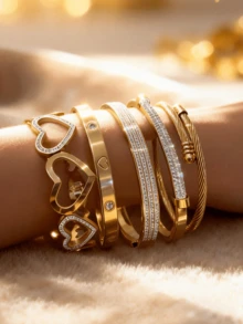 8pcs Women's Gold Bangle Set, Hollow Heart Design Stackable Bracelets, Cubic Zirconia Inlaid, Stainless Steel Jewelry, Suitable For Daily Wear, Parties, And Valentine's Day Gift - Gold - View 2