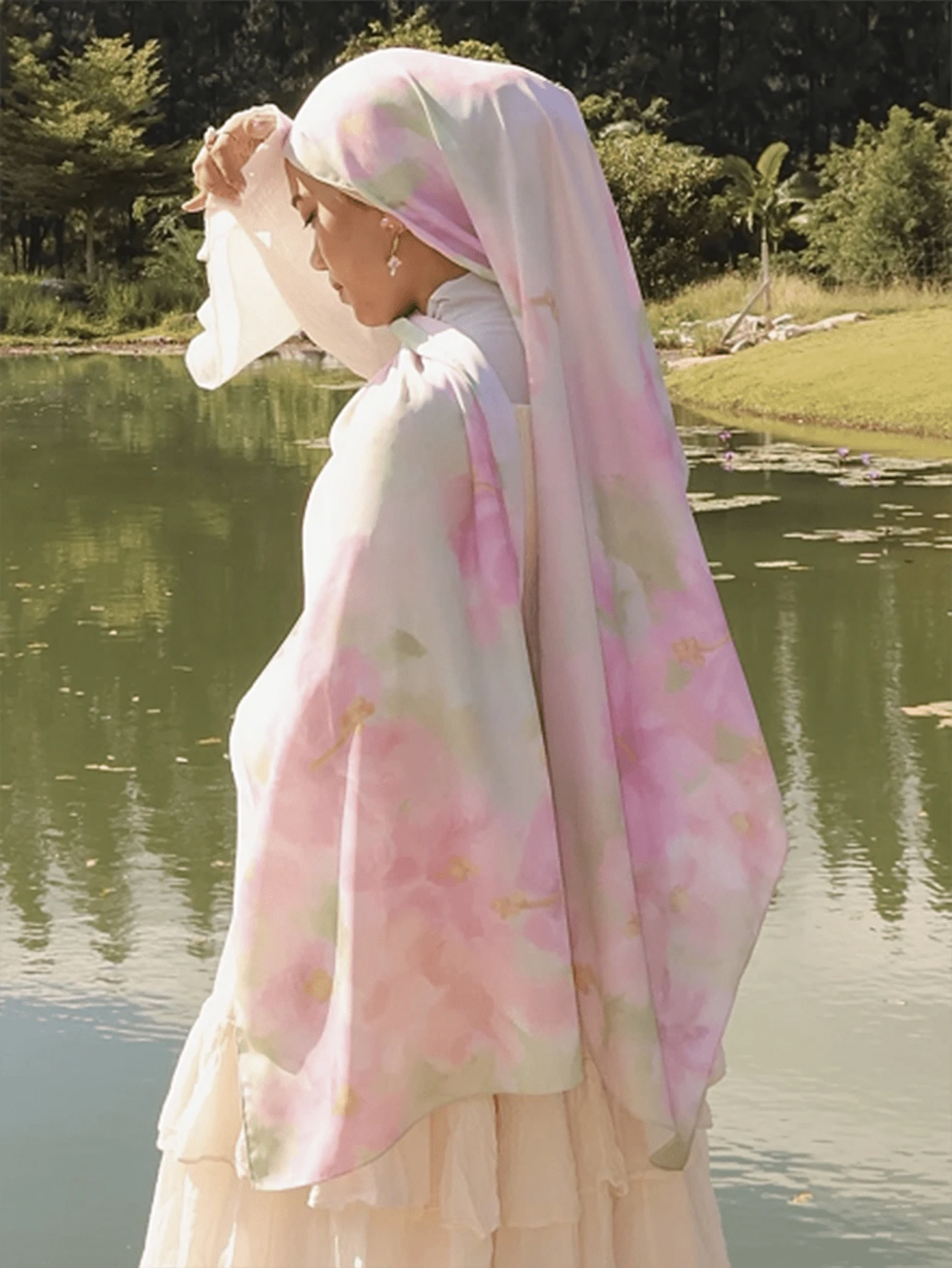 1件装女士花卉水彩印花头巾，印花头巾，波浪纹印花，双色波西米亚风格，数码水彩雪纺头巾，时尚百搭，多功能防晒围巾，可作头巾、腰带、披肩使用，适合所有季节，日常佩戴 - 彩色 - 查看 1