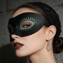 1pc Women's Halloween Carnival Music Festival Wedding Party Rhinestone Leather Mask - Black - View 8