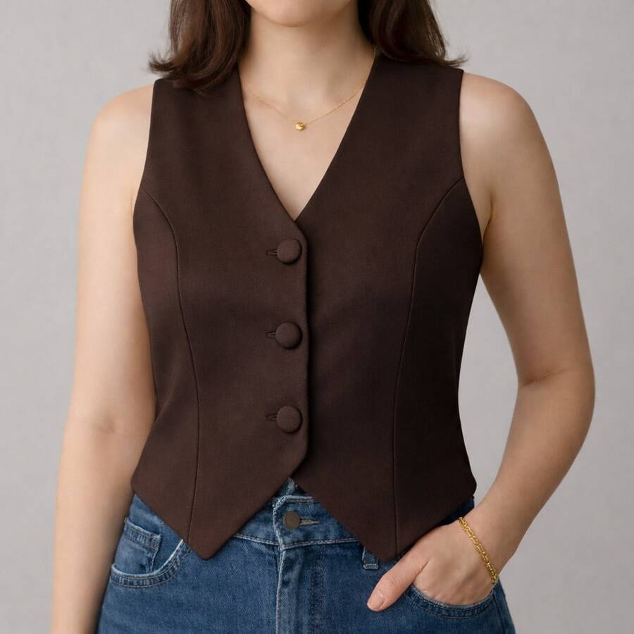 Elegant Women's Tailored Vest With Buttons - Rust Brown - View 1