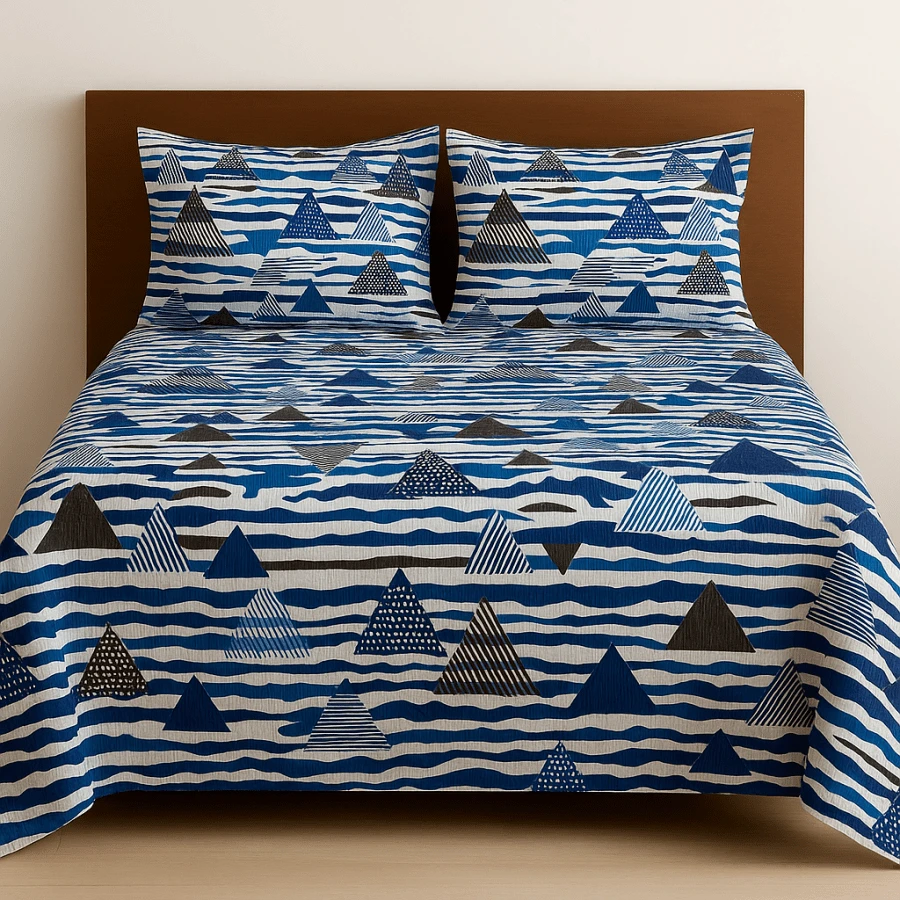 Double Bedspread Set, Printed Fabric, Simple, 3 Pieces, For Daily Use - Azul Marino - Ver 1