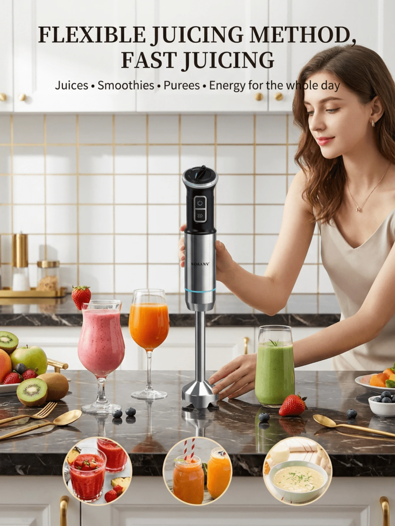 SOKANY 02009 Multi-Function Electric Stirring Rod, Stainless Steel Blades, Suitable For Mixing Soups, Milkshakes, Puree Foods, Comes With Milk Frother, Egg Beater, Chopper And Measuring Cup Accessories, Ideal For Making Soups, Milkshakes And More - View 1