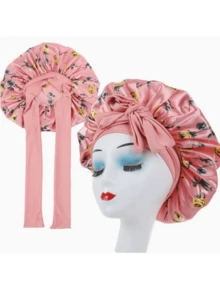 新款时尚印花缎带睡帽，护发帽，缎面圆帽，带蝴蝶结的头饰 - 粉色 - 查看 2