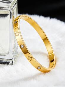 1pc Fashionable Stainless Steel Rhinestone Inlaid Bracelet For Women, Suitable For Daily Wear - Yellow Gold - View 9