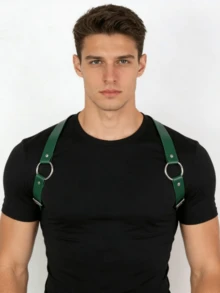 男士绿色PU皮革胸带 | 可调节O型环身体束带，适用于音乐节和夜店服装 - A - 查看 9